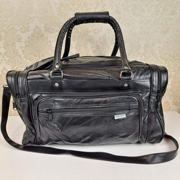 Genuine Black Leather Patchwork Duffel Bag With Adjustable Strap Multi Pockets - Picture 2 of 16